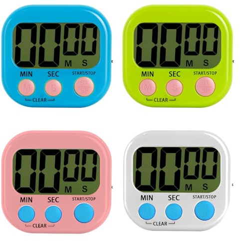 4 Pack Digital Timer, Kitchen Timer for Cooking, Visual Timer for Kids, Teachers, Classroom, Study, Exercise, Countdown with Loud Alarm, Large Display, White Blue Pink Green