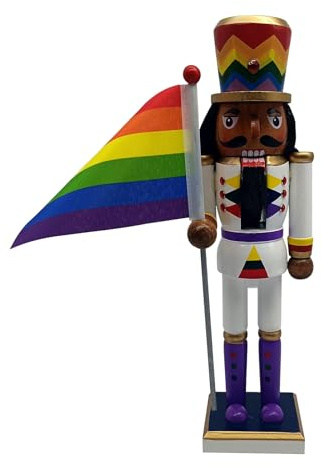 Nutcracker Sculpture | Wooden Christmas Nutcracker Figurine Ornament | Traditional Collectible Craft with Rainbow Pride Flag | Holiday Decorative Statue for Fireplace, Bookshelf, Dining Table