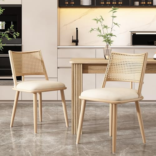 Merax Rattan Esszimmerstühle 2er Set, Küchenstuhl Holz Vintage, Polsterstuhl mit Holzbeinen, Rattan-Rückenlehne & PU-Sitz, für Esszimmer Küche Wohnzimmer, Beige