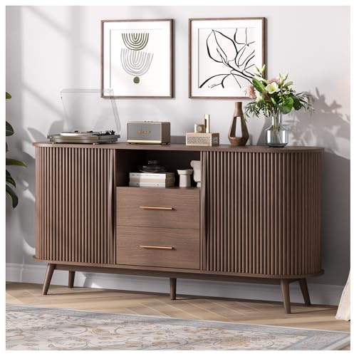 JOINICE 63 Fluted Storage Cabinet for Living Room,Mid-Century Modern Sideboard with Sliding Doors, Walnut Buffet Cabinet with Drawers & Solid Wood Legs, Large Accent Credenza for Home, Dining Room