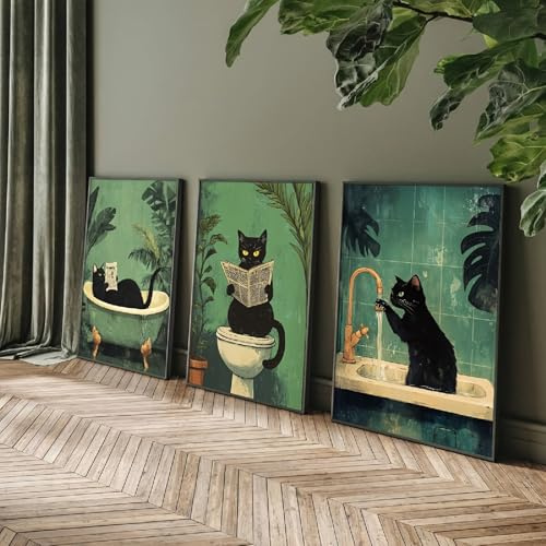 3er Retro Poster Set, Abstraktes und skurriles Badezimmer mit schwarzer Katze, Vintage-Tier-Dekorationskunstwerk, Retro-Dekor Bilder Toiletten- und Badezimmerbilder Grüne Dekor Bilder (30x40 cm)