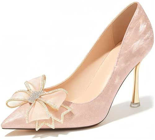 Escarpins Pailletés Rose Or avec Talon Aiguille 7 cm Et Nœud Papillon pour Femmes - Chaussures Parfaites pour Mariage Et Soirée