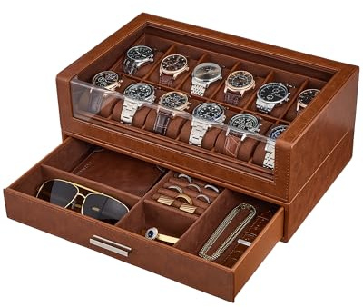 ProCase Watch Box for Men, 12 Slots Watch Display Holder with Clear Acrylic Top, Large Capacity PU Leather Case with Drawer Organizer, Jewelry Storage, Ideal Gift for Men Women -Brown
