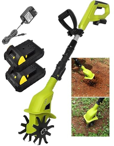 Motobineuse Électrique sans Fil, Motobineuse de Jardin Portative avec 2 Batteries 4000mAh, Largeur 10,5 cm et Profondeur 20 cm, Poignée Télescopique Réglable pour Sol, Potagers et Pelouses