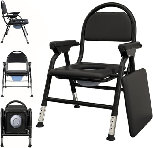 Folding Bedside Commode Chair for Elderly with Adjustable Height, Toilet Seat with Arms Handles and Back Support, Adults Potty Chair with Paper Roll Holder for Seniors, Disabled, and Pregnant (Black)