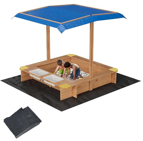 Garvee Outdoor Wooden Sand & Water Play Table for Kids – UV-Resistant Adjustable Canopy, 2 Side Buckets, Drainage Liner, Anti-Collision Design, Sandbox for Backyard, Patio or Beach, Ages 3-8, Sturdy
