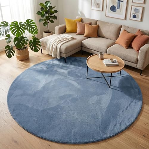 Pergamon Kunstfaser Teppich Wohnzimmer Luxus Super Soft Fellteppich Pearl Blau Rund