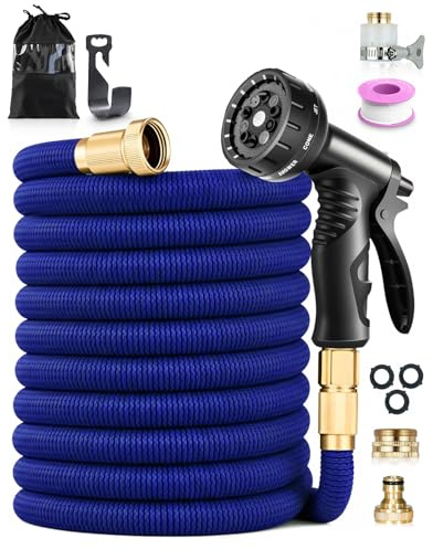 Expandable Garden Hose Pipe 100FT/30M, 10 Function Nozzle, 4-Layer Latex, 3/4 & 1/2 Fittings, Durable 3750D Fabric, Easy Storage and Leak-Resistant Design for Gardening, Car Cleaning, Blue