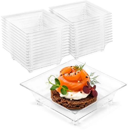 Majillux 24 Mini Piattini Rettangolari da 40 ml per Finger Food | 6,1 x 4,5 cm | PS Riutilizzabile | Bordi Rialzati | Lavaggio a Mano | Non Adatti alla Lavastoviglie