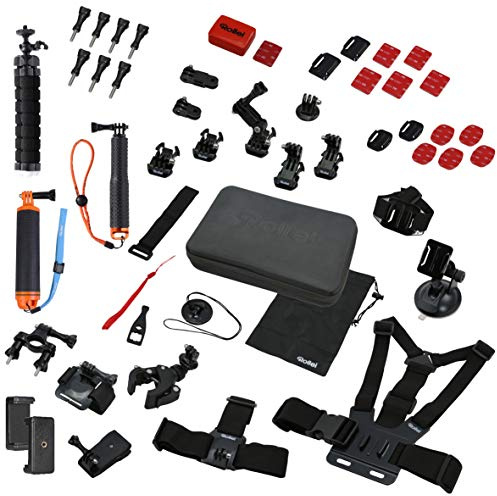 Rollei 21643 Actioncam Zubehör Set Sport XL - 49-teiliges Zubehör Set, inkl. Tasche, Mini Stativ und Selfie Stick, kompatibel mit allen Rollei und GoPro Actioncams
