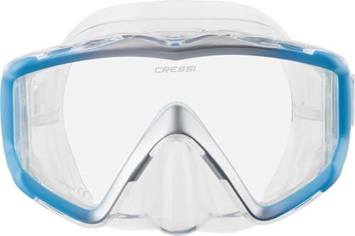 Cressi Liberty Triside Snorkel Mask - Panoramic 3-Glass Vision Diving Mask - Unisex Adult - One Size, Clear/Blue Silver