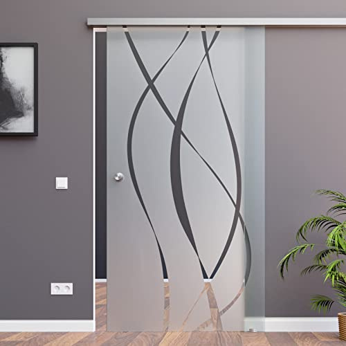 BM6-900-KNAUF-AS: Schiebetürsystem ESG 900x2050x8mm Dekor M6, Siebdruck; Schienensystem ALU SlimLine SoftStop; Knaufmuschel