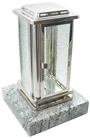 Kunst-Art-Köhl Grablaterne aus Edelstahl poliert montiert auf einem Granitsockel,Grablampe (Frontscheibe ohne Kreuz, Wiscount White)