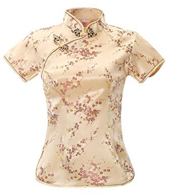 ACVIP Women's Plum Blossom Brocade Qipao Top Stand Collar Short Sleeve Chinese Shirt Blouse (UK 16/Chinese 3XL, Gold)