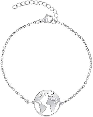 Nuoli® Weltkugel Armband Damen (15 + 5cm verstellbar) mit Weltkarte Anhänger für Frauen & Mädchen, aus poliertem Edelstahl