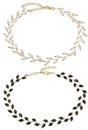 Flongo Damen Choker Halsband Kristall Perlen Strass Halsketten 2 Stück Set weiß schwarz gold Edelstahl Tattoo Kette Schmuck glitzer verstellbar Geschenk Kinder Mädchen Frauen