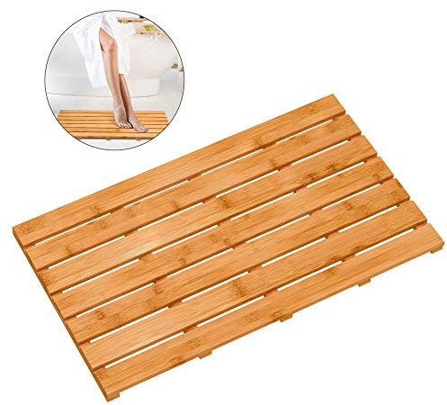 Bamboo Wooden Bath Floor Mat for Luxury Shower - Non-Slip Bathroom Waterproof Carpet for Indoor or Outdoor Use (31.3 x 18.1 x 1.5 Inches)