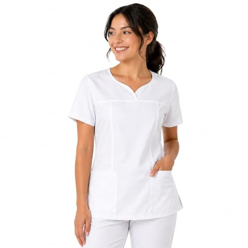 B-well INES Blouse Medicale Femme Manche Courte Tunique Médicale Blouse Pharmacie Uniforme Médical Blouse Estheticienne Col V 2 Poches
