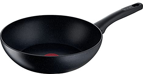 Tefal Black Stone Wokpfanne Induktion 28 cm, Mineralia+ Antihaftversiegelung, Thermo-Signal bei idealer Brattemperatur, gesund Kochen, für alle Herdarten geeignet, Stone-Effekt, schwarz, G28119