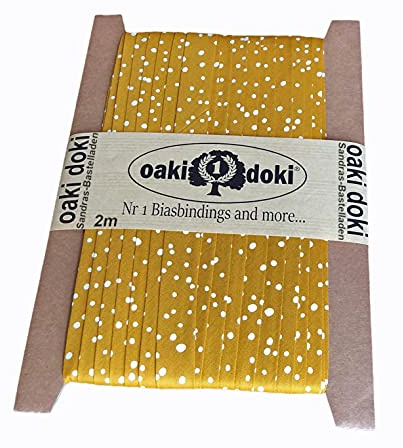 Sandras-Bastelladen Schrägband/Einfassband Baumwolle mit Punkte Muster gefalzt 2m x 20mm 9005-Senf