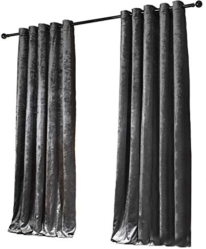 LES4U Crushed Velvet Luxury Eyelet Curtains Thermal Lined Pair Diamante Tie Backs 2 Panels Curtains for Bedroom Fully Lined Ring Top (Charcoal Grey, W66 x L72 Inch)