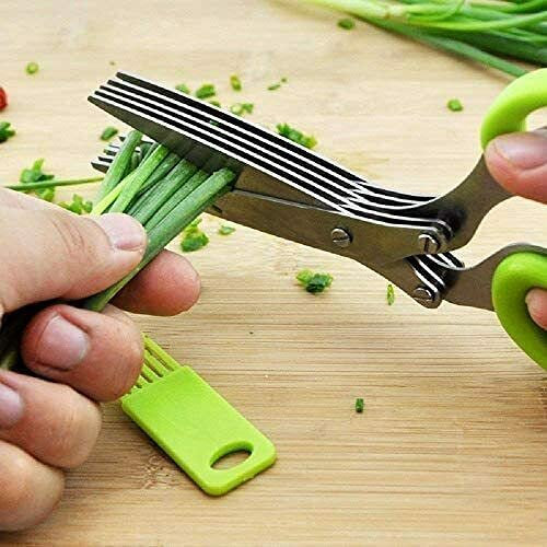 span Cuchillos de cocina multifuncionales de acero inoxidable, 5 capas, tijeras para cortar hierbas y especias