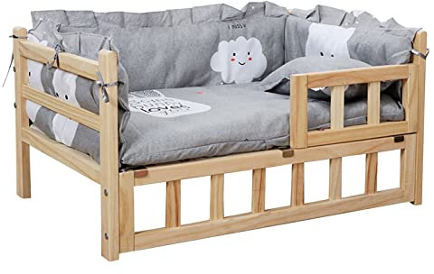 Dog Bed Hundebett Großes Hundebett Holzrahmen mit Zaun, Tragbares Waschbares Erhöhtes Hundesofa, zur Orthopädischen Gelenkentlastung, Indoor, Outdoor, Camping