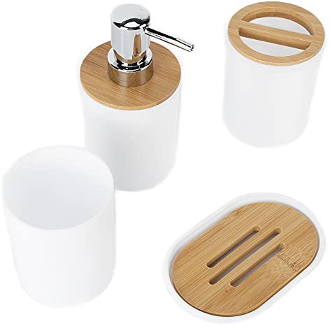 EBTOOLS Set mit 4 Kompletten Badezimmer-Accessoires, Badzubehör aus Kunststoffe und Bambus mit Zahnbürstenhalter, Seifenschale, Lotionspender und Tasse(Weiß)