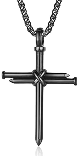 HattiDoris Nail Cross Necklace for Men Stainless Steel Chain 24inch 3 Nails Jesus Cross Pendant Christian Gifts for Dad 3 Colors（Black）