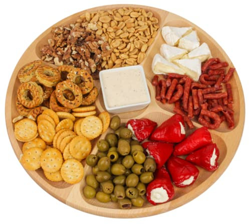 Woodcarver, Drehbare Servierplatte aus Buchenholz – 33 cm Rundes Holzbrett mit 4 Fächern – Elegantes Snackbrett für Käse, Wurst & Süßigkeiten – Hochwertige Käseplatte drehbar