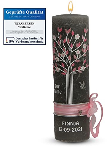 WikaKerzen Mädchen Jungen Taufkerze Rustik personalisiert mit Lebensbaum Motiv individuell handverziert als Geschenk zur Taufe & Kommunion | Jetz Farbe und Größe wählen (Lebensbaum, Rosa)