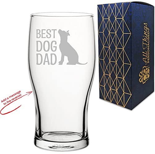 Personalised Engraved Novelty Pint Glass with Best Dog Dad Design, Add a Personalised Message to the Reverse, Laser Engraved, Gift Box Included, Gift for Dad, Birthday Gift, Dog Lover Gift
