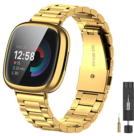 EZMVZKU Metall Armband und Cover für Fitbit Versa 4/Sense 2,Edelstahl Ersatzarmband Kompatibel mit Fitbit Sense 2/Versa 4 Uhrenarmband und Schutzhülle