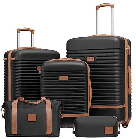 COOLIFE Koffer Set 5-TLG: S+M+L + Reisetasche | ABS Hartschale Leicht, 360° Räder & TSA-Schlösser Für Europa, Kreuzfahrt & Auslandsstudium – Familienurlaub Essentials Schwarz/Braun