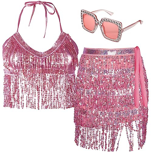 Xtinmee Jupe de danse du ventre à paillettes pour tour de taille avec soutien-gorge, jupe d'Halloween à franges scintillantes pour femme, rose, Taille M