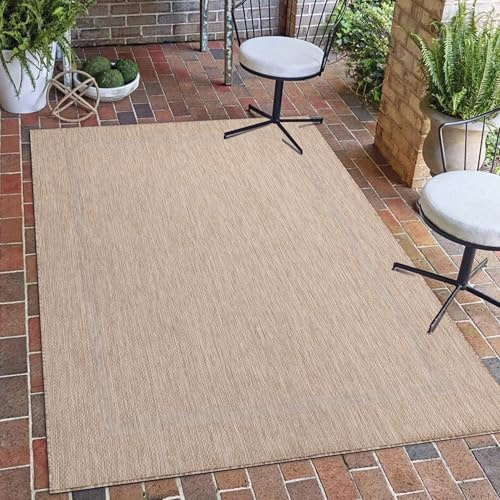 Carpetsale24 Outdoor Teppich Wetterfest 160x230 cm Beige Bordüre Design Flachgewebe Waschbar für Wohnzimmer Esszimmer Terrasse Garten