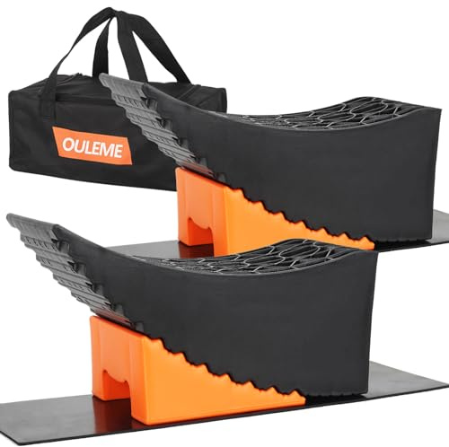 OULEME Curved Leveling Blocks, Raised Tire Change Ramp, for RV Camper Travel Trailer, Fits Dual Axle Tandem Wheel Aid Changing, Lift up to 6, Comes with Chock and Rubber Mat (2 Pack)