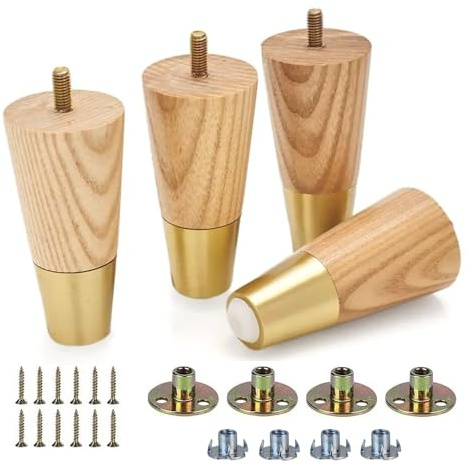 Wooden furniture legs - Gold furniture legs - Sofa legs - Cabinet Legs - Legs for Bedside Tables - Furniture Legs 4 inches with Gold Lids and Floor Protectors