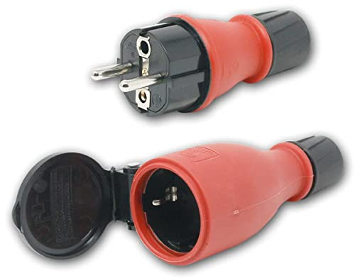 Set mit Schutzkontakt-Stecker & Kupplung aus Gummi mit Kunststoff-Einsatz, max. 250V/16A, integrierte Zugentlastung und Knickschutztülle, IP54