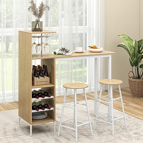 TANGZON 3 Pieces Bar Table Set, Steel Frame Dining Table and 2 Stools with Wine Racks, Glass Holders, Open Shelves & Footrest, Breakfast Dining Furniture Sets for Home Kitchen Pub Cafe (Natural)