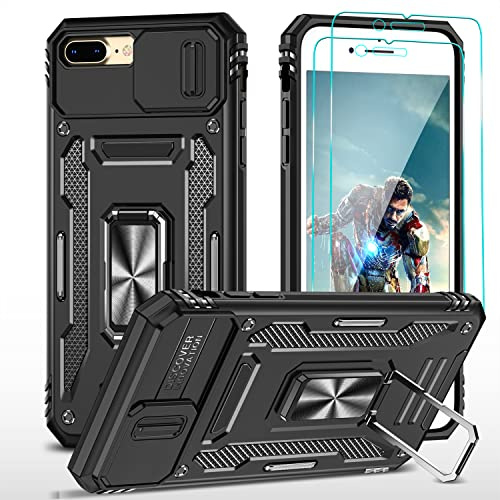 YmhxcY iPhone 7 Plus/8 Plus Hülle mit Displayschutzfolie, Slide Camera Cover, Militär Grade Schutzhülle, 360° Drehbarer Metallständer - Schwarz