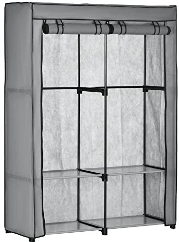 HOMCOM Kleiderschrank Stoffschrank mit 2 Kleiderstangen, 4 Einlegeböden und Reißverschluss, Faltschrank Stoffkleiderschrank für Schlafzimmer, Ankleidezimmer, 118 x 49 x 170 cm, Hellgrau