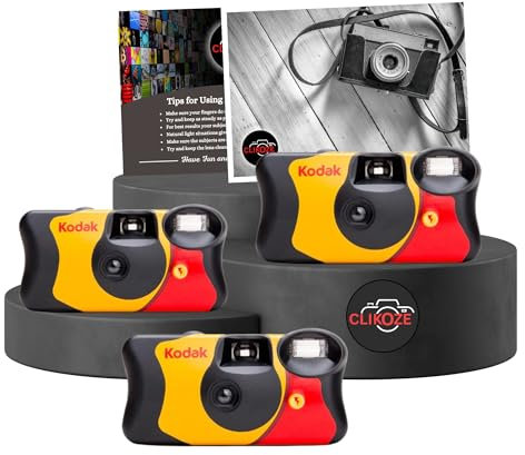 Clikoze Lot d'appareils photo jetables – Comprend 3 paquets d'appareils photo Kodak Funsaver à usage unique 35 mm avec 27 poses et carte d'astuces pour photographie Clikoze