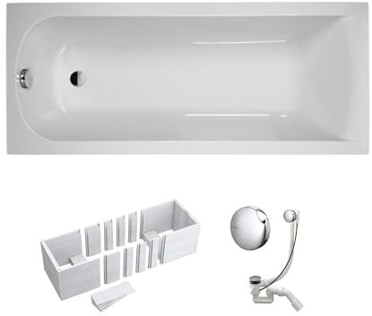 VBChome Badewanne 140 x 70 cm Weiß Acryl SET Wannenträger Siphon Wanne Rechteck Design Modern Styroporträger Ablaufgarnitur in Chrom 140x70 cm