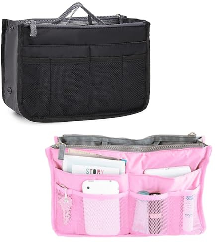 CaiYuanGJ 2 Piezas Organizador De Bolsos, Organizador De Bolsos Universal Con 13 Compartimentos - Bolsa Interior Expandible Con Cremallera y Asa, para Viajes, Trabajo y Uso Diario (Negro y Rosa)