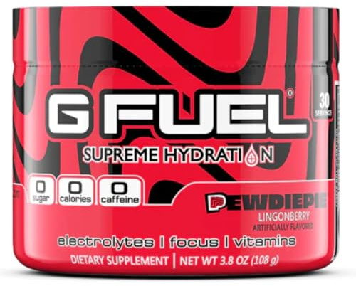 G Fuel Pewdiepie Supreme Hydration, Electrolyte Powder Mix for Energy & Focus, Sugar and Caffeine Free Supplement with Essential Vitamins & Minerals, Lingonberry Fruit Flavor, 3.3 oz - 30 Servings