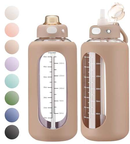 SIEROZUR Sport-Wasserflasche aus Glas, mit Strohhalm und Griff, motivierende Zeitmarkierung, auslaufsicher, Fitnessstudio, Reisen, 1,8 l