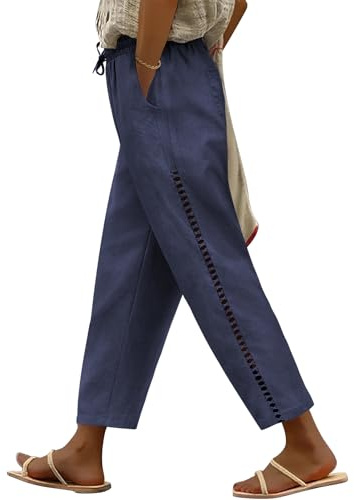 Voqeen Womens Linen Trousers with Elasticated Waist for Summer Cropped Trousers Wide Leg Lightweight with Drawstring Pockets Casual Loose Palazzo Pants Hollow Beach Bottoms for Holiday Navy Blue