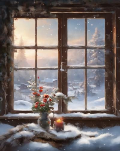 ZMHZMY Malen nach Zahlen Erwachsene,Winterliche Fensterbank-Schneeszene DIY Handgemalt Ölgemälde Kits auf Leinwand Geschenk für Weihnachten Geburtstag Home Haus Deko,40x50cm