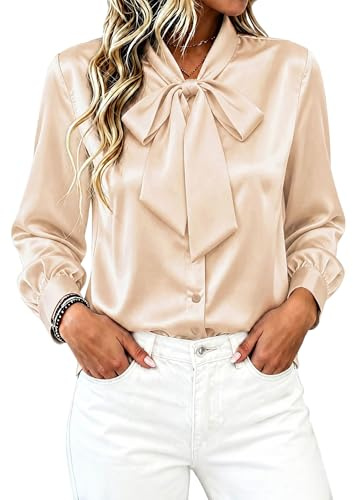 CBOO Damenhemden mit Fliege am Hals und Knopfleiste, Seidenblusen, langärmelig, Elegante Satin-Bluse, lässig, elegant, Business-Tops, B Cream, M